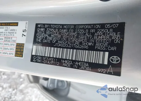 2007 Toyota Prius from USA, damaged, VIN JTDKB20U277662696